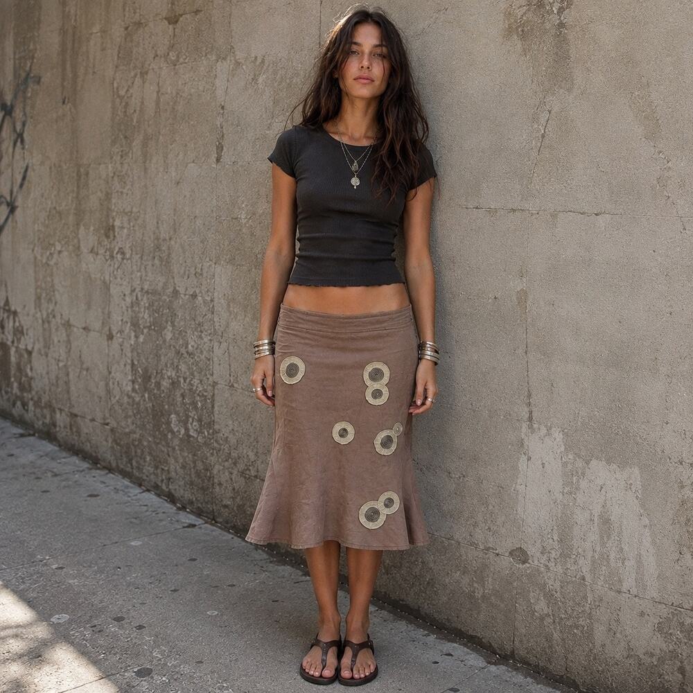 Motivi Italian Made Y2K Brown Linen Embroidered Mermaid Boho Skirt M